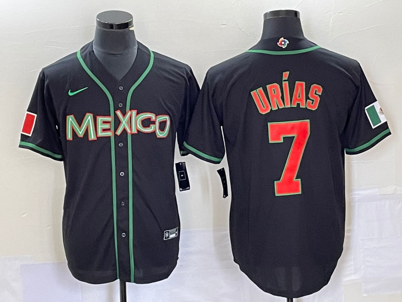 Men's Mexico Baseball #7 Julio Urías 2023 Black World Baseball With Patch Classic Stitched Jersey